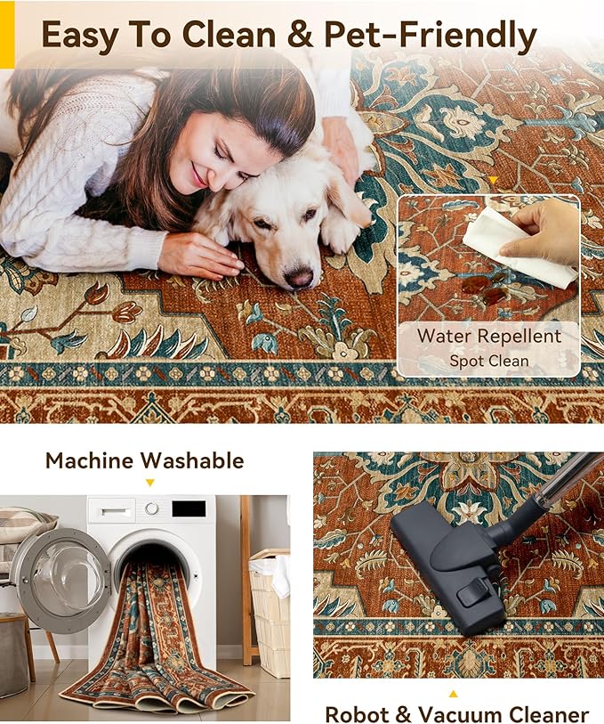 RELEANY Washable Area Rug, Small 2'x3', Red/Orange/Blue/Brown | Non-Slip, Water Repellent, Pet Friendly, Easy to Clean, Vintage Floral Boho Decor for Kitchen Entryway Bathroom