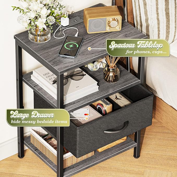 SUPERJARE Nightstand with Charging Station, Bed Side Table with Adjustable Fabric Drawer, Night Stand for Bedroom, 3-Tier Storage End Table, for Living Room, Charcoal Gray | Night Stand for Bedroom, with Adjustable Fabric Drawer, 3-Tier Storage End Tab...