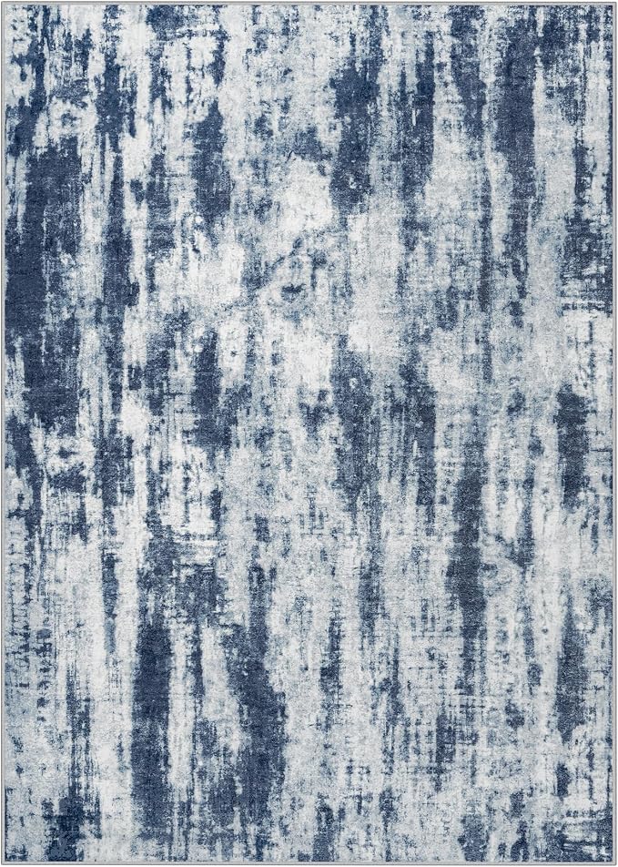 9x12 Area Rugs for Living Room: Washable Abstract Blue Grey Badroom Carpet | Non-slip TPE backing makes this washable soft low-pile rug safe & durable, Pet-friendly decor for dining room,nursery,office