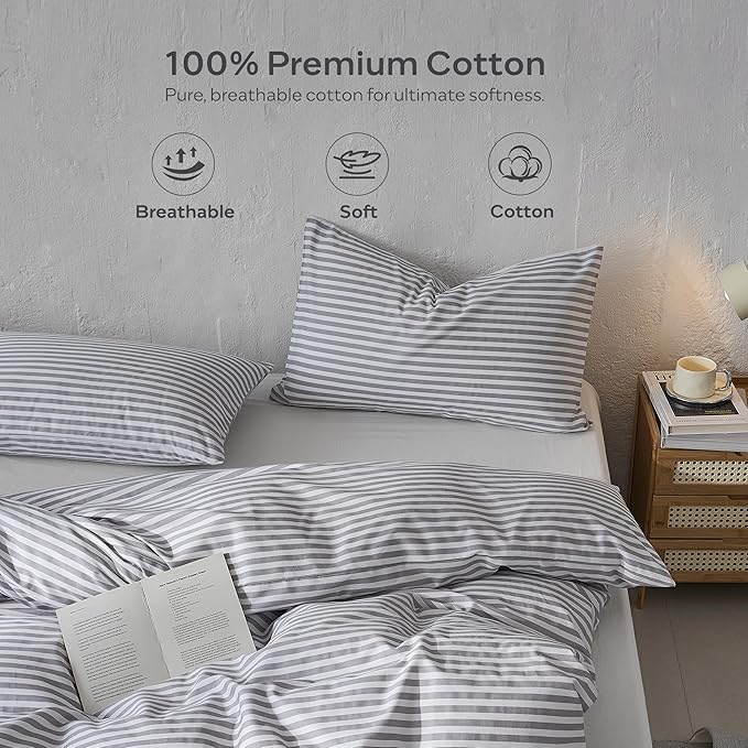 JELLYMONI 100% Cotton Printed Striped Full Duvet Cover Set, Grey | Breathable and Soft, Classic Stripes, 8 Corner Ties & Double-Head Hidden Zipper, For Guest or Teen Room