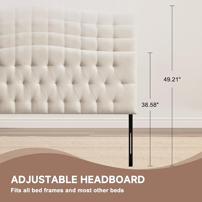 Tufted Upholstered King Size Headboard Only, Adjustable 38-50 in, Beige | King Headboard for King Size Bed, Durable Linen Fabric Headboards, Modern Diamon Design Wood Head Board