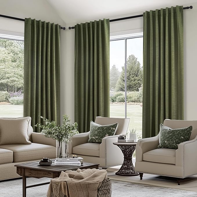 Topfinel Olive Green Linen Blackout Curtains 84 Inch Long for Living Room,Pinch Pleated Drape with Hooks Back Tab Boho Decor, Olive Forest Loden Full Black Out Curtains for Bedroom