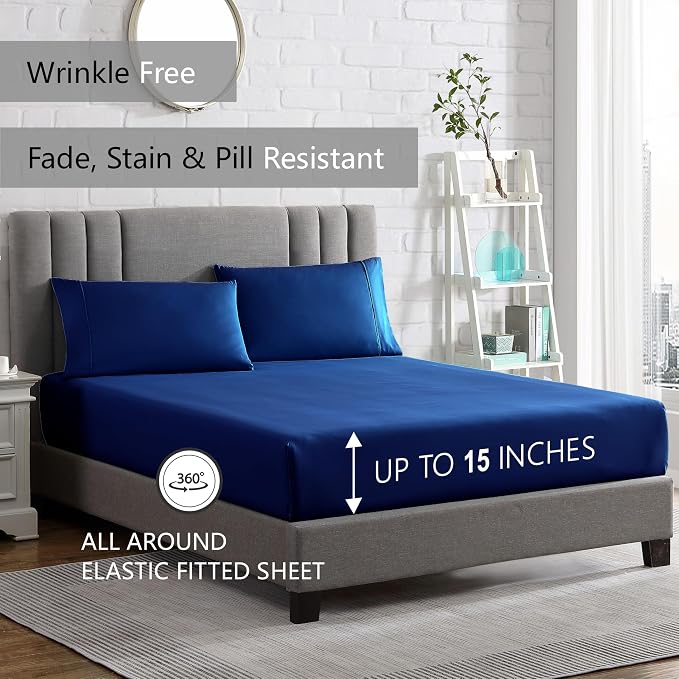 American Home Collection Full Size Sheet Set - Ultra-Soft Microfiber 15-Inch Deep Pocket - Wrinkle Free and Fade Resistant (Navy)