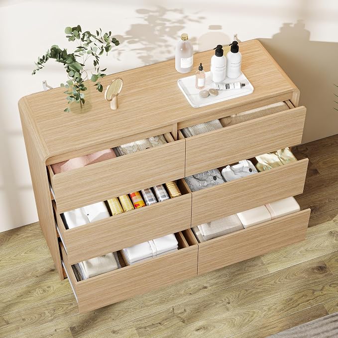 Vibe & Dine 6 Drawer Dresser, Modern Wooden Dressers & Chests of Drawers with Arc Edge Design, 47" Wide Dresser for Closet, Entryway, Bedroom, Natural Wood