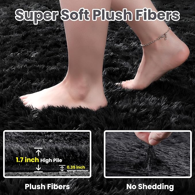 4x6 Fluffy Shag Area Rugs for Living Room Bedroom: Soft Plush Carpet Black | Upgraded Non-Slip Thick Memory Foam, Ultra Soft, Non-Shedding Fuzzy Carpet, Easy Clean Decor for Kids Room, Nursery, Playroom