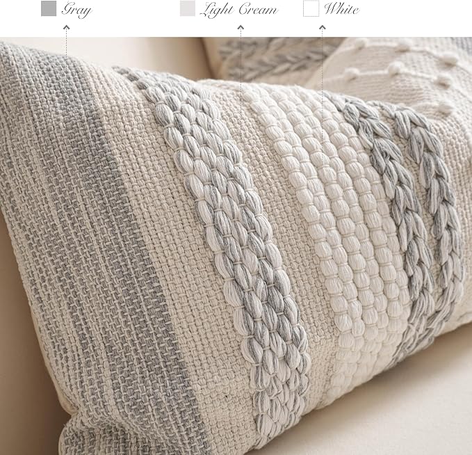 Gray Decorative Lumbar Pillow Cover 14x24, Grey Boho Long Body Pillow for Bed, Farmhouse Lumbar Throw Pillow for Couch, Modern Accent Textured Throw Pillowcase