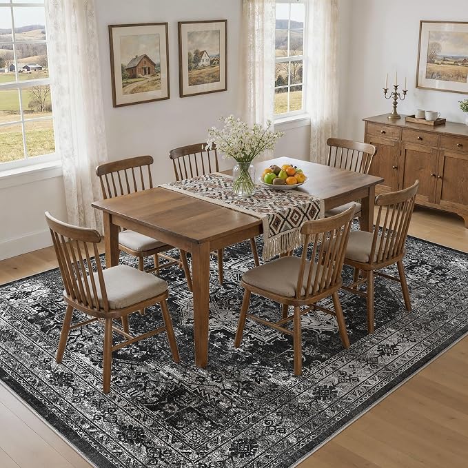 UERMEI 10x12 Area Rug Living Room Rugs - Washable Vintage Soft Large Rug Indoor Floor No Slip Rug Carpet for Bedroom Farmhouse Under Dining Table Home Office Decor - Black