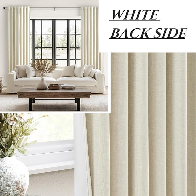 Warm Cream Extra Long Pleated Black Out Curtains 105 Inches Long for Living Room, Natural Linen Blend Patio Door Curtain with Track&Back Tab 2 Panels Set Insulated Privacy Window Drapes (50"Wx105"L）