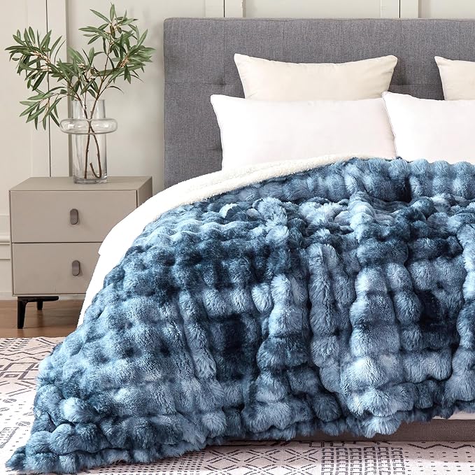 50x60 Inches Ultra-Soft Fuzzy Faux Fur Plush Throw Blanket - Thick, Warm Sherpa for Couch, Sofa, Bedroom, Camping - Decorative Blanket for Cozy Warmth, Bubble Dark Blue Tie Dye