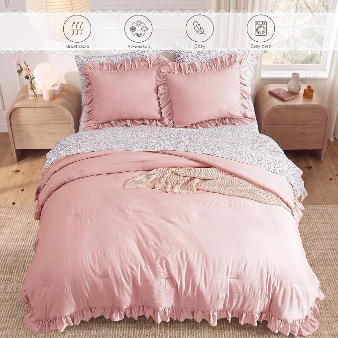 Queen Comforter Set-7 Pieces Ruffle Bedding with Floral Sheet | Soft Pink Bed in a Bag, Soft Lightweight All Season Farmhouse Queen Bedding Sets with Floral Sheets, Pillowcases & Shams