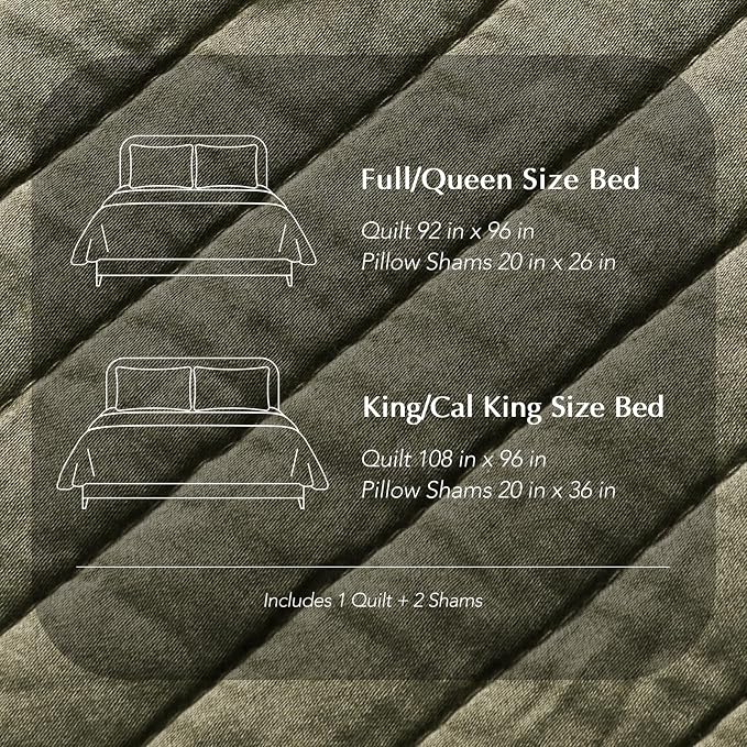 EVERGRACEHOME Cotton Sateen Quilt Set, King Size, Olive Green | 100% Cotton, Channel Stitch Coverlet Bedspread, Pre-Washed Lightweight Soft Bedding Set for All Season, 3 Piece, with 2 Shams