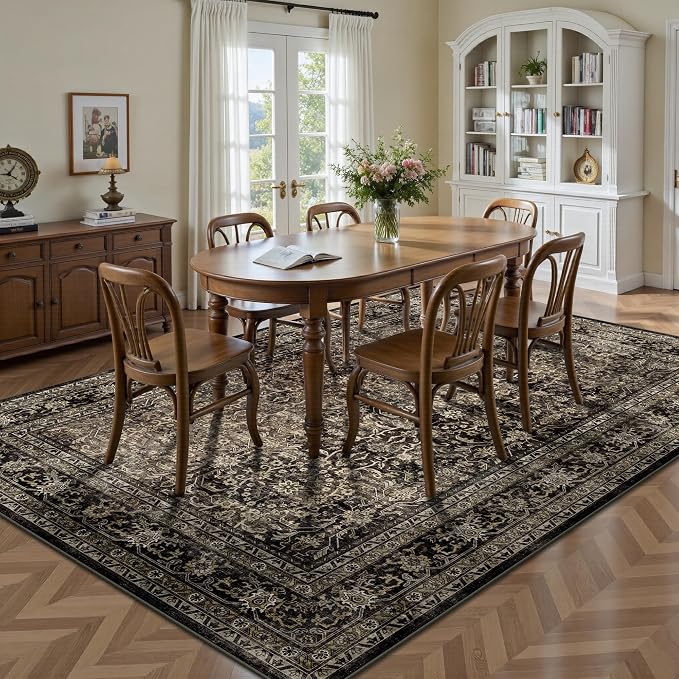 5x7 Area Rugs - Washable Vintage Retro Living Room Rug, Soft Ultra Thin Non Slip Low Pile Traditional Distressed Boho Carpet for Bedroom Dining Room Nursery Home Office, Brown