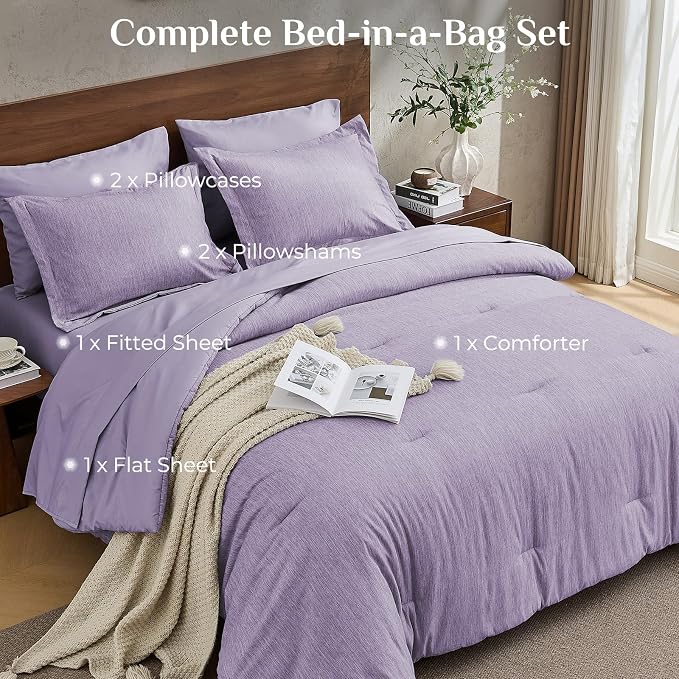 JOLLYVOGUE Purple King Comforter Set, Cationic Dyeing Bed in a Bag King 7 Pieces, Double-Tone Bedding Set with Down Alternative Comforter, Sheets, Pillowcases & Shams