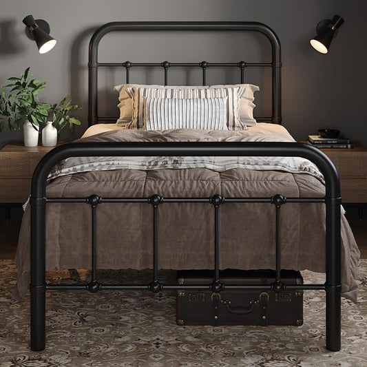 Allewie Twin Metal Bed Frame with Victorian Iron-Art Headboard, Black | Victorian Style Wrought Iron-Art Headboard/Footboard, Easy Assembly, Under Bed Storage, No Box Spring Required