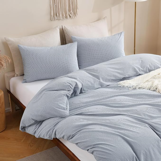 TOCOMOA Mini Gingham Blue Duvet Cover Set Washed Cotton Like Linen, King | 100% Washed Cotton Linen-Like Feel Soft, Breathable & Comfy. Lightweight Bedding Set with Zipper & 8 Ties. 3 Pcs, No Insert