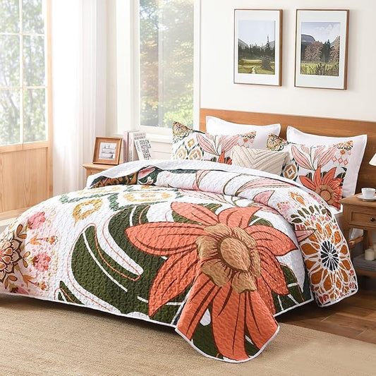 Andency Quilt King Size, Pink Floral Boho Summer Bedspread 3 Pieces | Blush Flower Botanical Summer Bedspreads with 2 Shams, Reversible Polyester Coverlet Set for All Seasons, 106"x96"