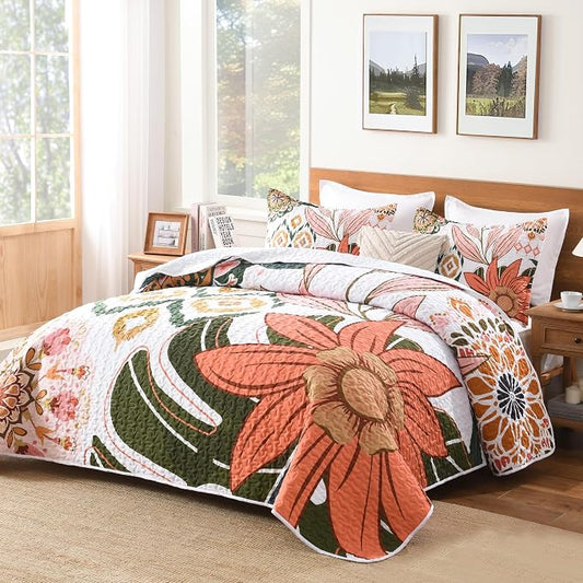 Andency Quilt Queen Size, Pink Floral Boho Summer Bedspread 3 Pieces | Blush Flower Botanical Summer Bedspreads with 2 Shams, Reversible Polyester Coverlet Set for All Seasons, 96"x90"