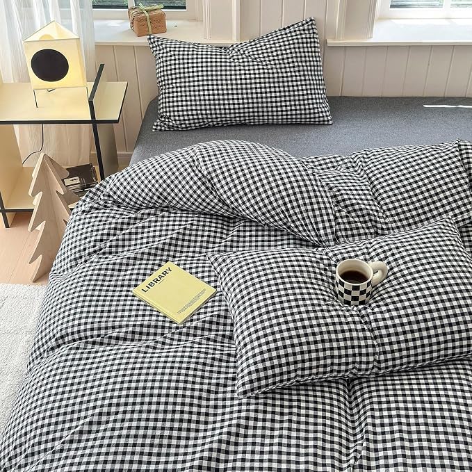 LifeTB Twin XL Comforter Set Black Gingham Comforter for Men Boys Geometric Plaid Comforter Set Grid Checkered Pattern Comforter with 2 Pillowcases Fluffy Soft Plaid Gingham Bedding Set Twin XL