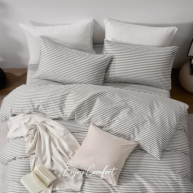 JELLYMONI 100% Cotton Classic Striped Queen Duvet Cover Set, Grey | Breathable Softness, Oeko-Tex Certified, Classic Stripes, 8 Corner Ties & Double Hidden Zipper