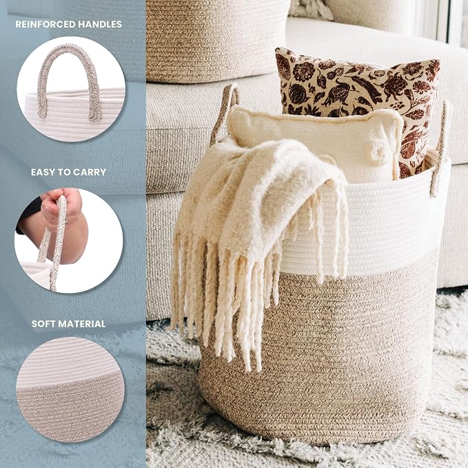 OrganiHaus Tall Cotton Rope Laundry Basket & Hamper, Blanket Storage 52L | Brown / Off-White - Tall Cotton Rope Hamper, 52L