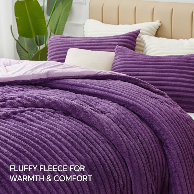 BEDELITE Fleece King Comforter Set, Fluffy Bed Set, Purple | Super Soft & Warm Bedding, Luxury Fuzzy Faux Fur Comforter for Winter, Heavy Plush Bedding, with 2 Pillowcases