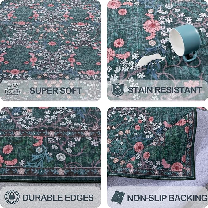 Vintage Green Living Room Rug, 6x9 Washable Area Rugs for Dining Room Under Table, Soft Low Pile Large Carpet Bedroom, Non-Slip Boho Floral (6 x 9 Green)