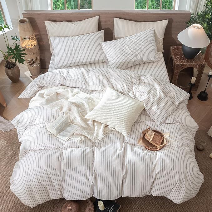 MooMee Striped Duvet Cover Set 100% Washed Cotton Linen Like King | Relaxed Linen-like Texture. Soft, Breathable & Long-lasting Comfort. Lightweight. Hidden Zipper with 8 Interior Corner Ties