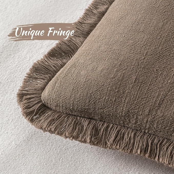 MIULEE Linen Fringe Decorative Fall Throw Pillow Covers Cocoa Brown 20x20 | Set of 2, Cottagecore Decor, Boho Farmhouse Neutral Pillow Covers, Rustic Fall Couch Cushion Cases for Sofa Bed Living Room