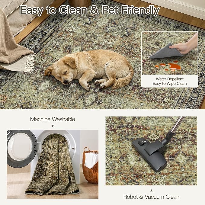 4x6 Area Rugs for Entryway, Brown Washable Non-Slip Area Rug for Kitchen | Low Pile Soft Small Rugs, Vintage-Style Carpet for Bathroom Bedroom Tool Room, Stain Resistant, Foldable Distressed Rug
