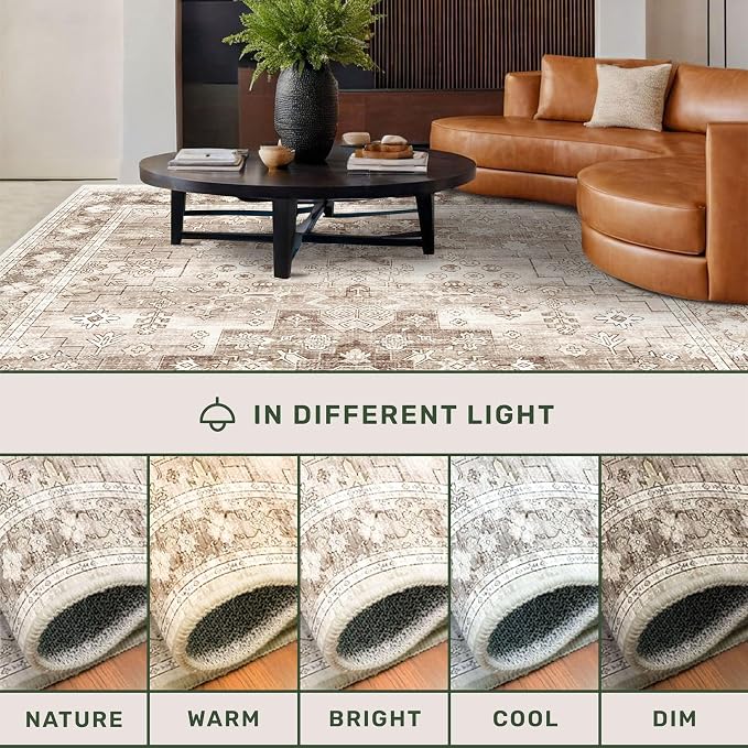 Boho Washable 3x10 Hallway Runner Rug, Beige Waterproof Large Kitchen Floor Rug Indoor, Non-Slip Stain & Fade Resistant, Vintage Floral Décor (3x10 Beige/Latte)