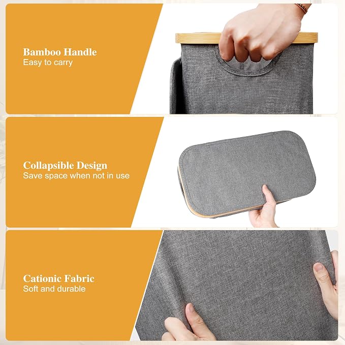 Foluck Slim Laundry Hamper, 60L Waterproof Narrow Laundry Basket with Lid and Removable Bag, Collapsible Tall Clothes Hamper with Bamboo Handles for Clothes Toys in Dorm Bedroom Bathroom, Grey