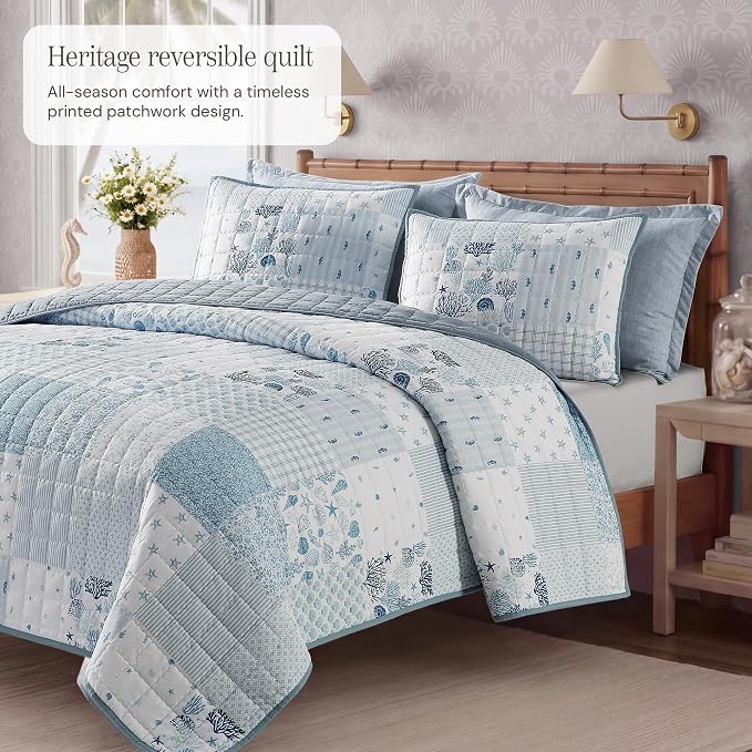 Twin/Twin XL Quilt Set-2 Pieces Soft Bedding Floral Patchwork Coverlet | All Seasons Lightweight Quilts Queen Size, 1 Quilt (66" x 92") and 1 Sham (20" x 26"), Reversible Bedspread, Coastal Blue