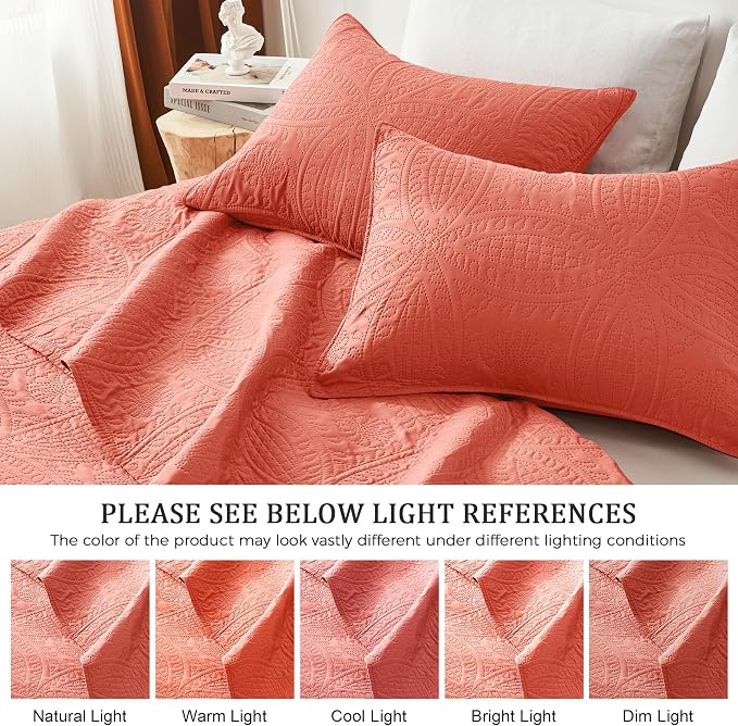 akkialla Mocha Coral Full/Queen Quilt Set,Ultrasonic Lightweight Bedspread Coverlet for Modern Minimalist Bedroom,Soft Microfiber Coin Pattern Bedding,3-Piece (1 Quilt,2 Pillow Shams)