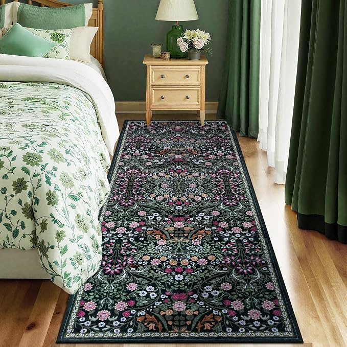 PLHXFR 2x6 Washable Runner Rug：Floral Indoor Kitchen Carpet Dark Green | For Hallway Bedroom Kitchen Laundry Bathroom Dorm,Vintage Floral,Machine washable,Non Slip,Stain Resistant,Indoor Floor