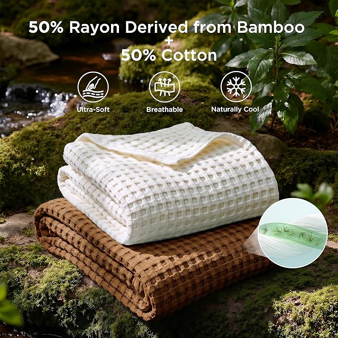 Bedsure Cooling Cotton Waffle Full Size Blanket - Lightweight Breathable Blanket of Rayon Derived from Bamboo for Hot Sleepers, Luxury Throws for Bed, Couch and Sofa, Burnt Orange, 80x90 Inches
