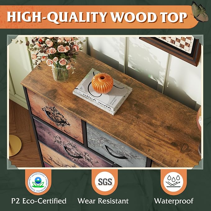WLIVE Tall Dresser for Bedroom, 9 Drawer Chest of Drawers, Pattern | 9 roomy fabric drawers, Tall storage design, Bedroom or closet use, Sturdy steel frame, Smooth wood tabletop