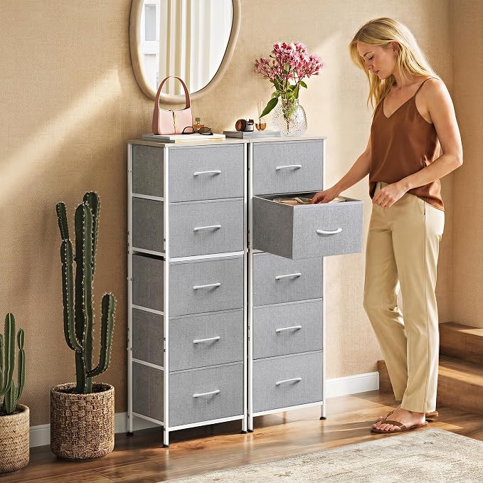 WLIVE Tall Dresser for Bedroom, 5 Drawer Dresser, Light Grey | 5 vertical fabric drawers, Tall vertical design, Bedroom or closet use, Dresser for small spaces, Chest of drawers