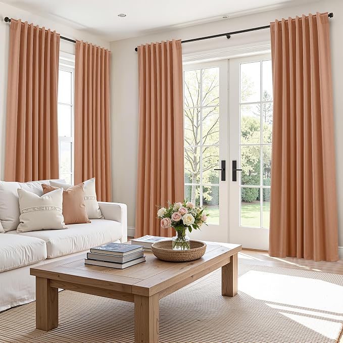 100% Blackout Curtains 90 Inch Length 2 Panels Set for Living Room Bedroom Back Tab Thermal Insulated Black Out Linen Drapes Room Darkening Peach Quartz,52x90