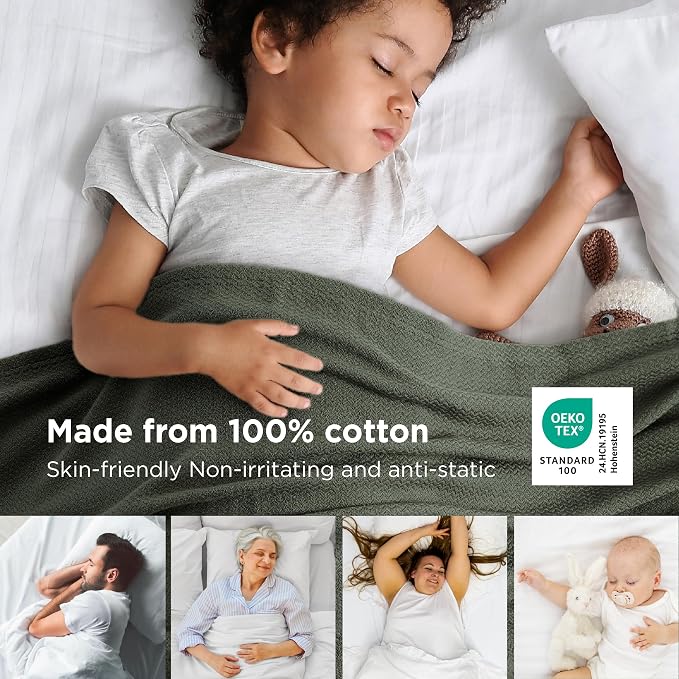Bedsure 100% Cotton Blanket, Herringbone Weave, King, Olive Green | Breathable, Lightweight Bedspread, Soft, Cooling for Hot Sleepers, Ideal for Summer Nights, Machine Washable, 108x90 Inches