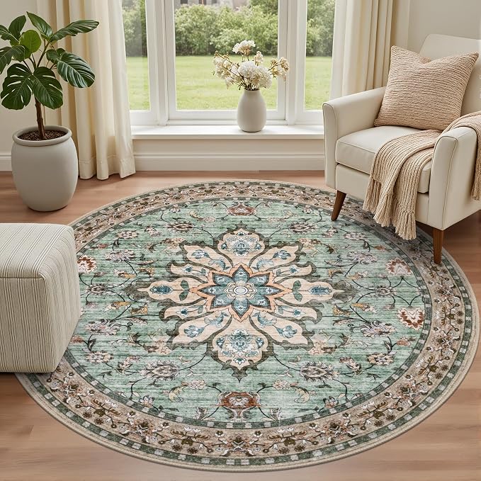 Round Area Rug for Living Room: 6ft Boho Washable Rug Brown Green | Vintage Boho Soft Round Rug Indoor Floor No Slip Carpet Stain Resistant Rugs for Bedroom Dining Room Nursery Home Office