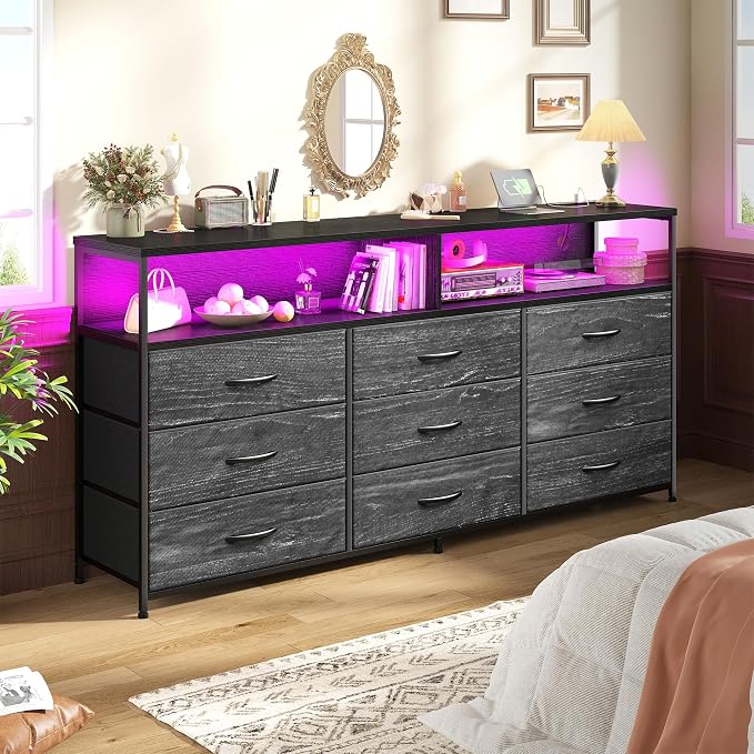 55" W Dresser for Bedroom with 9 Drawers LED, Power Outlets Fits 65" TV | TV Stand for 45, 55, 65 Inch TV Sturdy Long Chest of Drawers with Extra 2 Wooden Shelves Steel Frame Grain Black