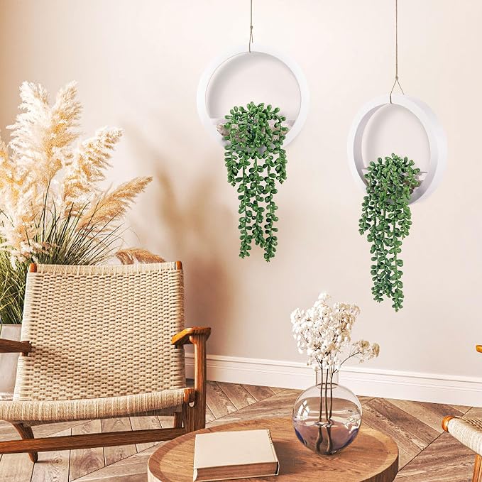 Der Rose 2 Pack 16" Artificial Hanging Plants in White Pots for Wall Decor | Realistic cascading pearls, hanging ropes, shelf display for bathroom bedroom living room boho wall decor，fresh all year