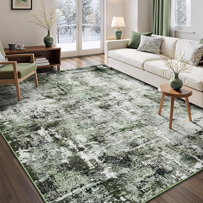 Rugflix 5x7 Area Rugs for Living Room, Washable Dark Green Large Rug | Machine Washable; Stain-Resistant; Low Pile; Non-Slip; Modern Abstract; Carpet for Bedroom Dining Office Nursery Home