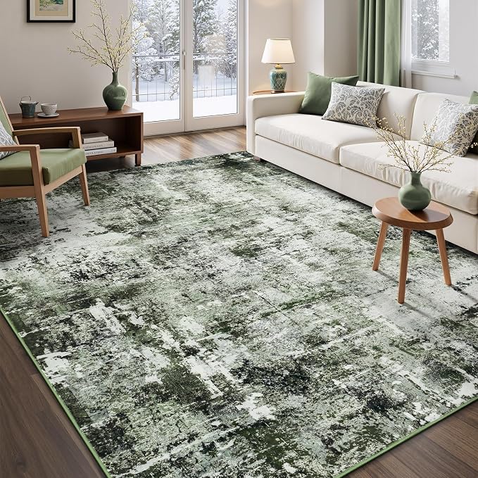Rugflix 4x6 Area Rugs for Living Room, Washable Dark Green Large Rug | Machine Washable; Stain-Resistant; Low Pile; Non-Slip; Modern Abstract; Carpet for Bedroom Dining Office Nursery Home