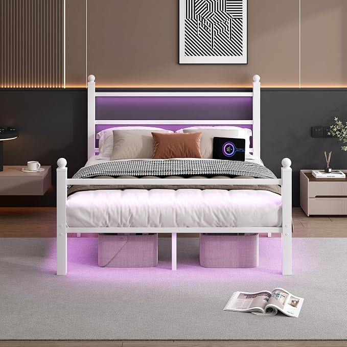 CLIBFENG Queen Size Bed Frame with Headboard and Footboard,Steel Slats Support-LED Bed Frame with USB Charging Station,Mattress Foundation-Under Bed Storage,No Box Spring Needed,Noise Free,White