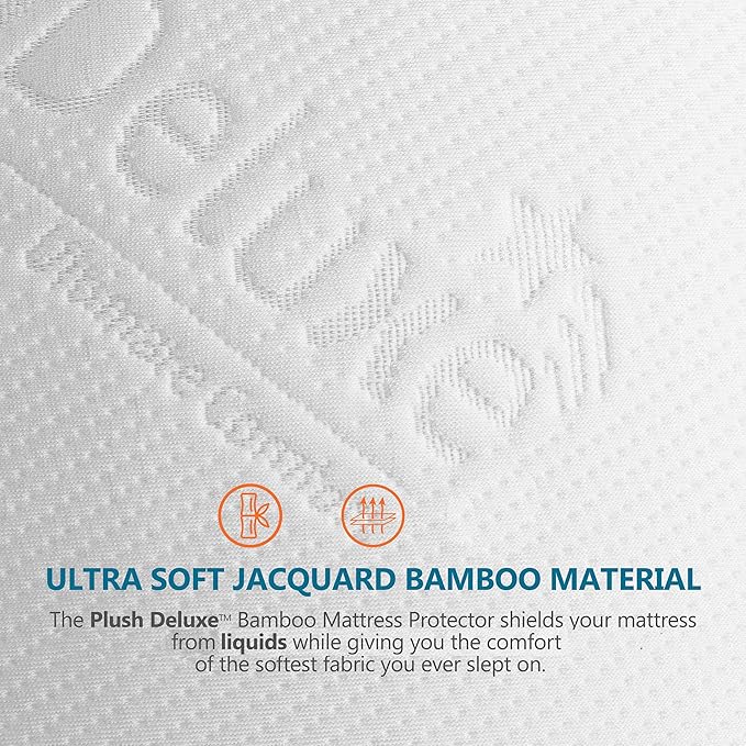 PlushDeluxe Bamboo Waterproof Mattress Protector, Full Size, Ultra Soft | Breathable, Noiseless, Hypoallergenic, Washable, 54x75" Up to 18" Deep, Viscose Derived from Bamboo Mattress Cover, White
