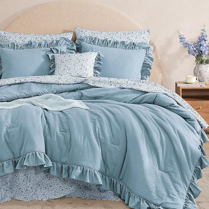 Full Size Comforter Sets-7 Pieces Ruffle Bedding Floral Sheet | Blue Bed in a Bag, Soft Lightweight All Season Farmhouse Full Size Bedding Sets with Floral Sheets, Pillowcases & Shams