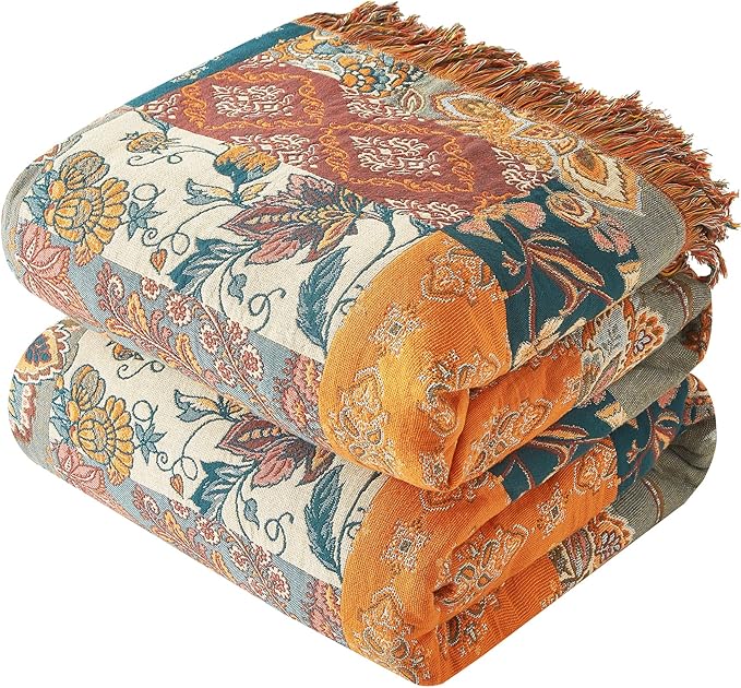 Boho Throw Blanket for Couch Sofa Bed, 100% Cotton Woven Quilt with Tassel 80”x90”, Super Soft Muslin Blanket with Floral Printed, Decorative Reversible Bed Blanket/Cover for All Seasons