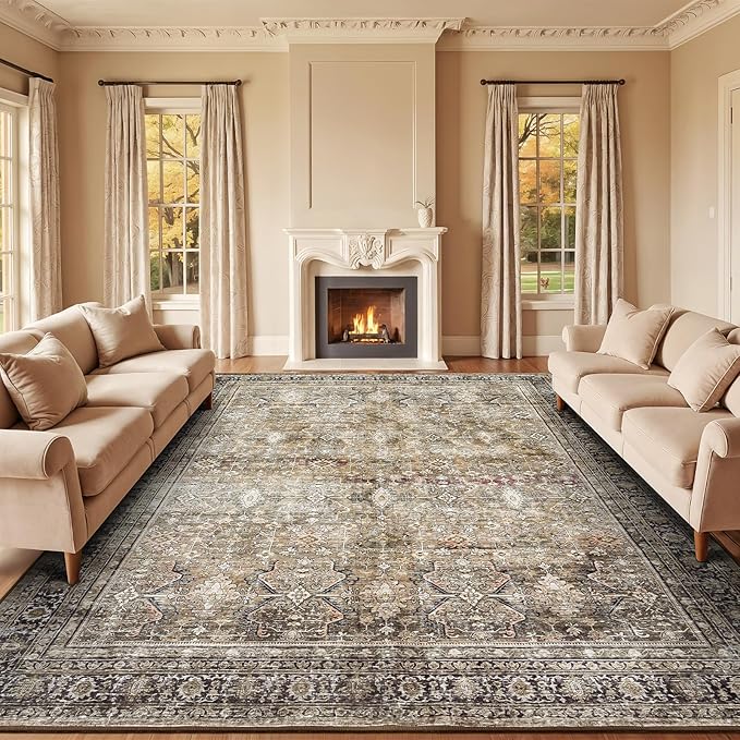 9x12 Area Rugs for Living Room,Washable Non-Slip Brown Large Carpet | Soft Area Rugs for Bedroom, Dining Room, Home Office Indoor Nursery, Stain Resistant, Low Pile, Vintage Distressed Rug