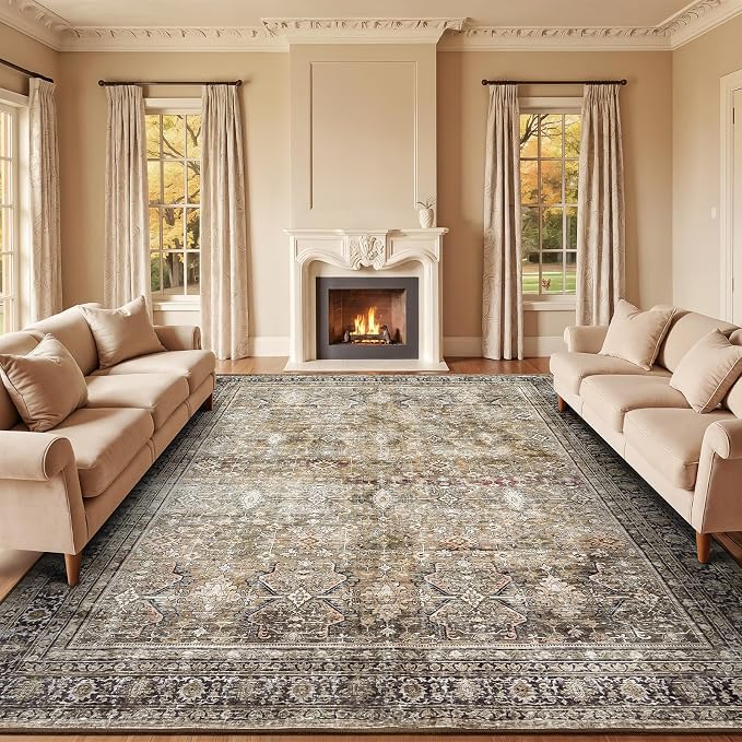 8x10 Area Rugs for Living Room, Non-Slip Washable Brown Large Carpet | Soft Area Rugs for Bedroom, Dining Room, Home Office Indoor Nursery, Stain Resistant, Low Pile, Vintage Distressed Rug